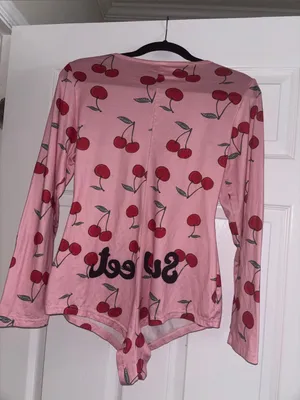 Juniors Pink Long Sleeve Romper Onesie Pajama Cherry Print Sweet Text thumbnail 5