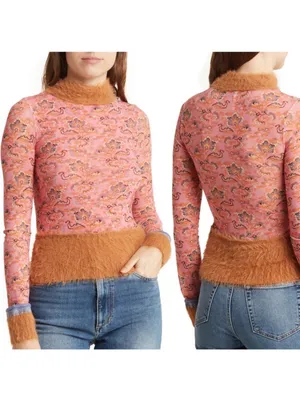 Free People Cosmo Cuff Fuzzy Furry Mesh Sheer Pink Combo Rose Long Sleeve Top XL thumbnail 3