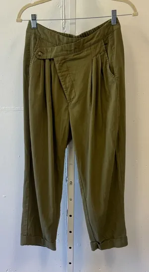 Mable Olive Green Asymmetrical Button Pleated Tapered Pants MP6040 Small Utility thumbnail 1