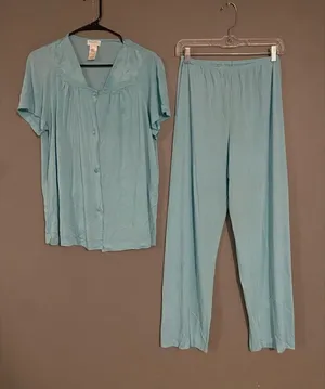Vanity Fair Vintage Baby Blue Short Sleeve Button Up Pajama Set Nylon M thumbnail 1