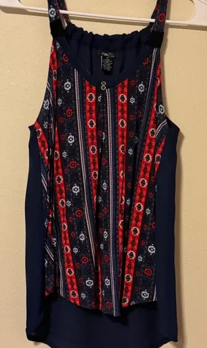 Rue21 Navy and Red Striped Floral Tank Top thumbnail 1