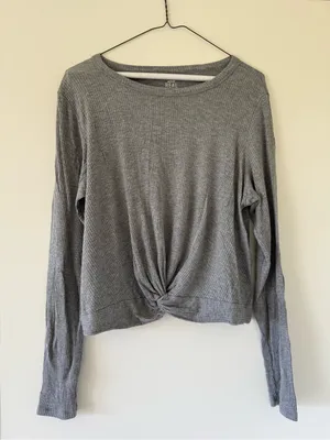 aerie Gray Ribbed Knot-Front Cropped Long Sleeve Tee thumbnail 1