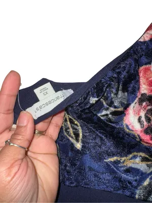 Francesca's Navy Velvet Floral Bodysuit with Pink Bloom Detail thumbnail 7