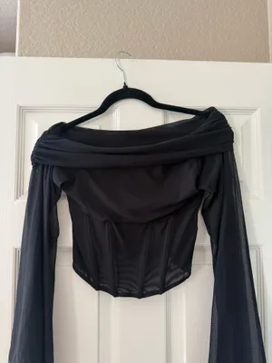 BNWT Zara Black Asymmetric Draped Bell Sleeve Tulle Top thumbnail 8