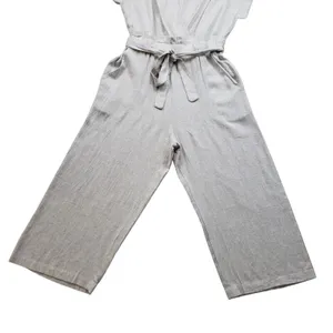 Monteau Jumpsuit Womens Large Beige Linen Wide Leg V-Neck Cropped Boho Overall thumbnail 5