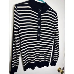 Ralph Lauren Black White Striped Button Mock Neck Ribbed Pullover Size L Cotton thumbnail 4