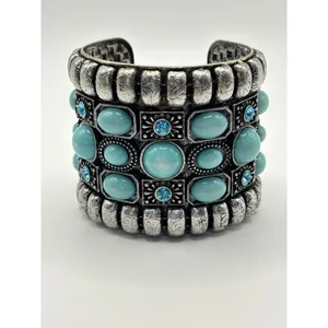 Boho Silver Tone Tuquioise Blue Cabochon Rhinestone Cuff‎ Bracelet Chunky thumbnail 2