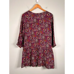 Garnet Hill Tunic‎ Dress Womens 14 Purple Paisley Floral V-Neck 3/4 Sleeve boho thumbnail 4