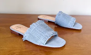 Latigo • Anthropologie Sofie Fringed Slide Sandal woven mules flat blue suede thumbnail 1