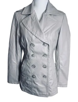 LA Coalition beige Faux Leather Double Breasted Jacket military coat sz Small thumbnail 1