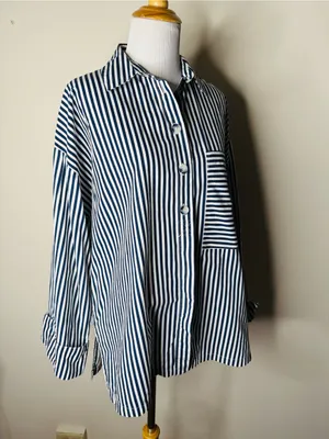 Zara Blue and White Striped Poplin Button Down thumbnail 5