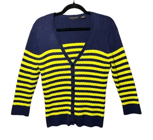Jeanne‎ Pierre Womens Navy Blue Yellow Striped Ribbed Cotton Cardigan Sweater L thumbnail 1