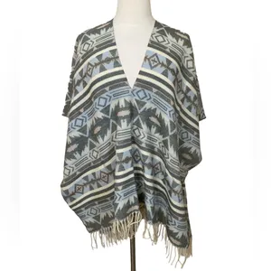 Free people Blue & Gray Western Boho Hippie Acrylic Pull Over Fringe poncho thumbnail 2