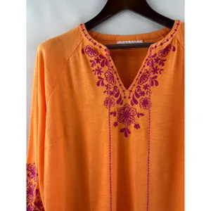 Women’s Belle Boho Kim Gravel XL Bright Orange Embroidered Blouse thumbnail 2