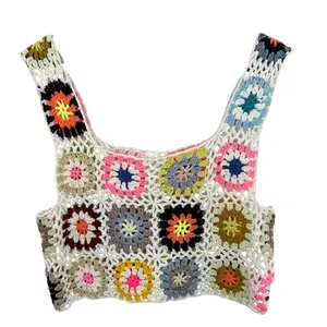 Le Lis Size Small Crochet Crop Top Colorful Granny‎ Square Knit Vest Festival thumbnail 1