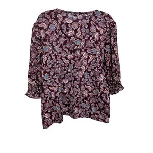 Lucky Brand Women Boho Cottage Floral Top XL Maroon Romantic Fairy Whimsical thumbnail 2