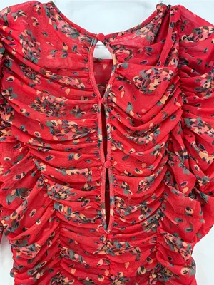 Free People Red Floral Ruched Midi Dress with Puff Sleeves thumbnail 4