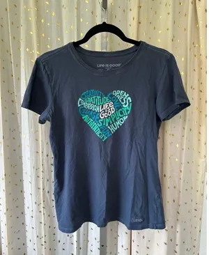Life is Good Women's 100% Cotton Mineral Wash Heart Word Cloud Graphic T-Shirt S thumbnail 1