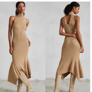 ANTHROPOLOGIE Mock Neck‎ Ribbed Knit Midi Dress Size Large Tan thumbnail 2
