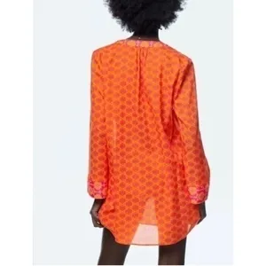 ZARA Boho Printed Tunic Beach Cover Up Mini Dress Orange Fuchsia Cotton S thumbnail 3