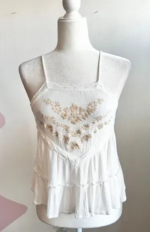 White Embroidered Lace Trim Tank Top Boho Cottagecore Festival‎ Bohemian XS thumbnail 1