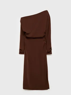 Mango Asymmetrical Elegant One-Shoulder Brown Midi Dress Gathered Sides Sz M thumbnail 3