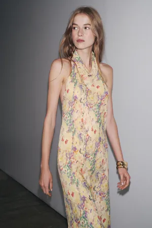 Zara floral Boho open back Halter Maxi summer vacation Dress thumbnail 8