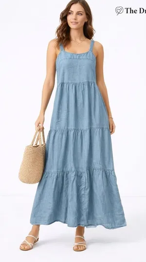 The Drop Chambray Tiered Maxi Dress XXS NWT Light Denim Blue‎ thumbnail 1