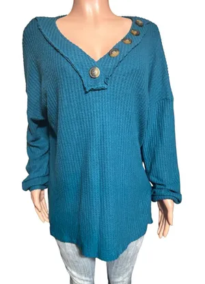 Zenana V-neck knit long sleeve waffle pullover top XL thumbnail 2