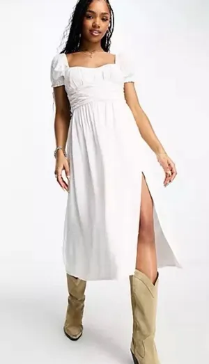 Hollister white babydoll midi dress with slit and tie back thumbnail 1