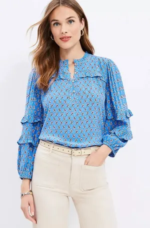Loft Paisley Ruffle Button Blouse in Blue thumbnail 1