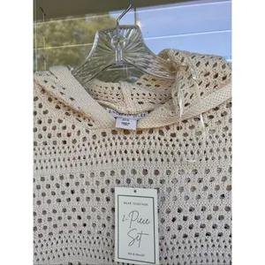 NWT Sincerely Jules Beige 2 Pc Open Knit set Hooded Flare Pants XL Vacation thumbnail 5