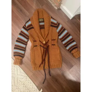 Vintage X-RATED Handknit Statement Cardigan Striped Sleeves Belted M thumbnail 13
