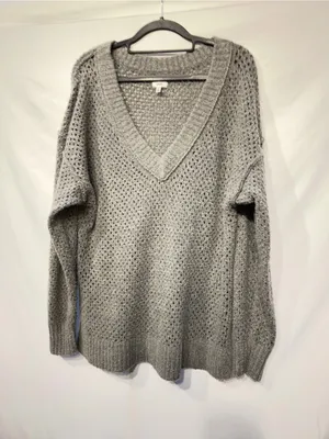 Aerie Open Weave Oversized V-Neck Sweater Gray Size Medium thumbnail 3