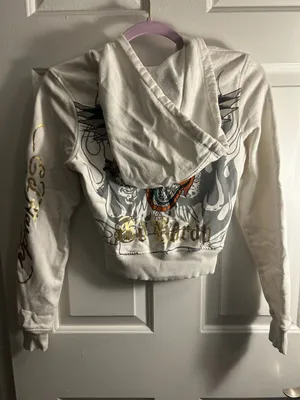 Ed Hardy Women's White Zip-Up Hoodie with Tiger and Dragon Graphic thumbnail 5