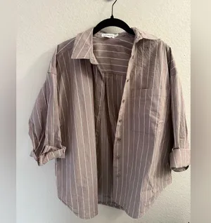 Good American Womens S OVERSIZED POPLIN SHIRT- Putty Stripe Shacket Button Down thumbnail 3