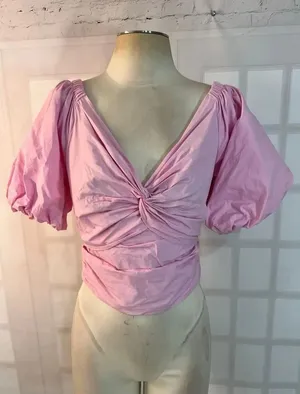 Anthropologie Mare Mare Pink Puff Sleeve Twist Front Bow Back Blouse Size XS thumbnail 1