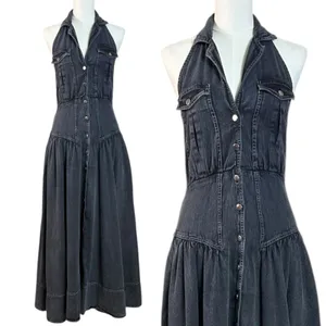 Free People Soundwave Denim Halter Maxi Dress in Black Bohemian Size Small thumbnail 4