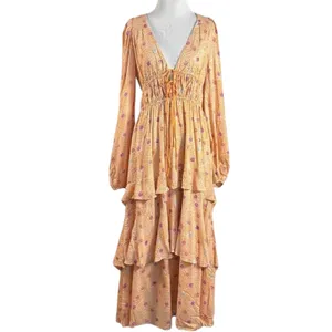 Free People Bohemian Gypsy Tiered Ruffle Maxi Dress Size Large Plunge Billowy thumbnail 8