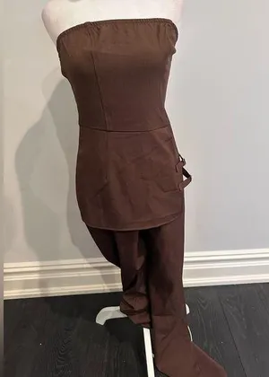 PLT Dark Chocolate Structured Woven Bandeau Belt Detail Straight Leg Jumpsuit thumbnail 1