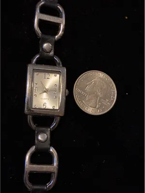 Vintage Women's Watch Silver Tone Rectangular Black Leather Stirrup Links thumbnail 6