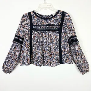 American Eagle Black Floral Lace Trim Long Sleeve Open Tie Back Blouse Size L thumbnail 3