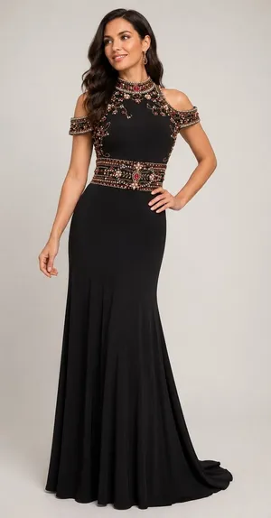 Mac Duggal Womens Black Beaded Cold Shoulder Open Back Evening Gown‎ Size 0 thumbnail 1