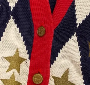 Vintage Argyle Patriotic Cardigan Flag Sweater Red White Blue Stars Oversized S thumbnail 5