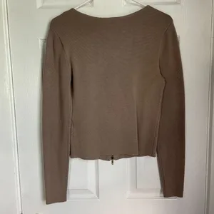 Abercrombie & Fitch Taupe Zip-Up Notch-Neck Slim Green Top Women's Medium thumbnail 4
