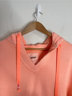 Aerie Bleached Neon Peach V-Neck Drawstring Hoodie Sweatshirt Kangaroo pocket S thumbnail 3