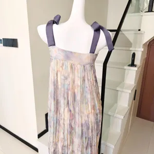 Pastel Tie Dye Pleated Maxi Dress Bow Tie Spaghetti thumbnail 4