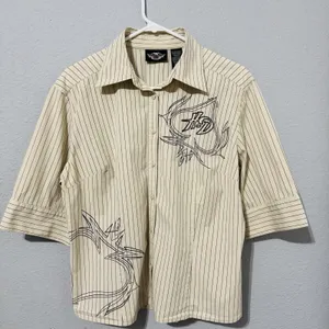 Harley Davidson Women White Pin Stripe Flaming Ace‎ Graphic Button Front XL thumbnail 12