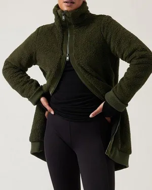 Athleta Tugga Coat Aspen Olive Long Edgy Sherpa Shearling Fuzzy Teddy Jacket XS thumbnail 1