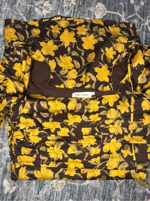 NWOT Floret Studios Brown and Yellow Floral Shirred Long Sleeve Mini Dress Sz L thumbnail 7